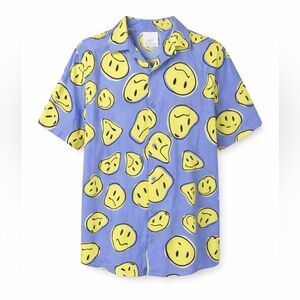 Earthbound Smiley Face Button Up Camp Shirt Y2K Indie Skater Festival- Small